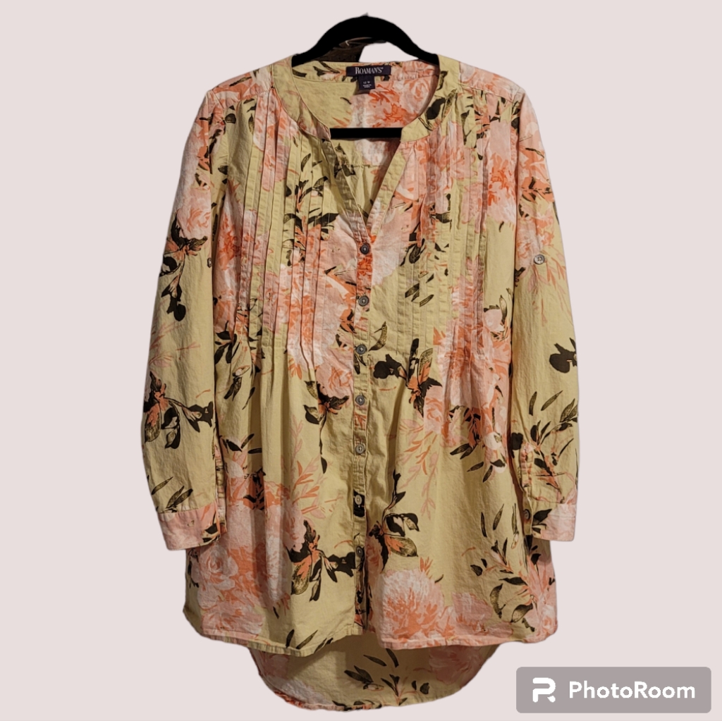Roaman's Blouse Women's 12w Multi Floral Pintucked Roll-Tab High-Low Tunic Top